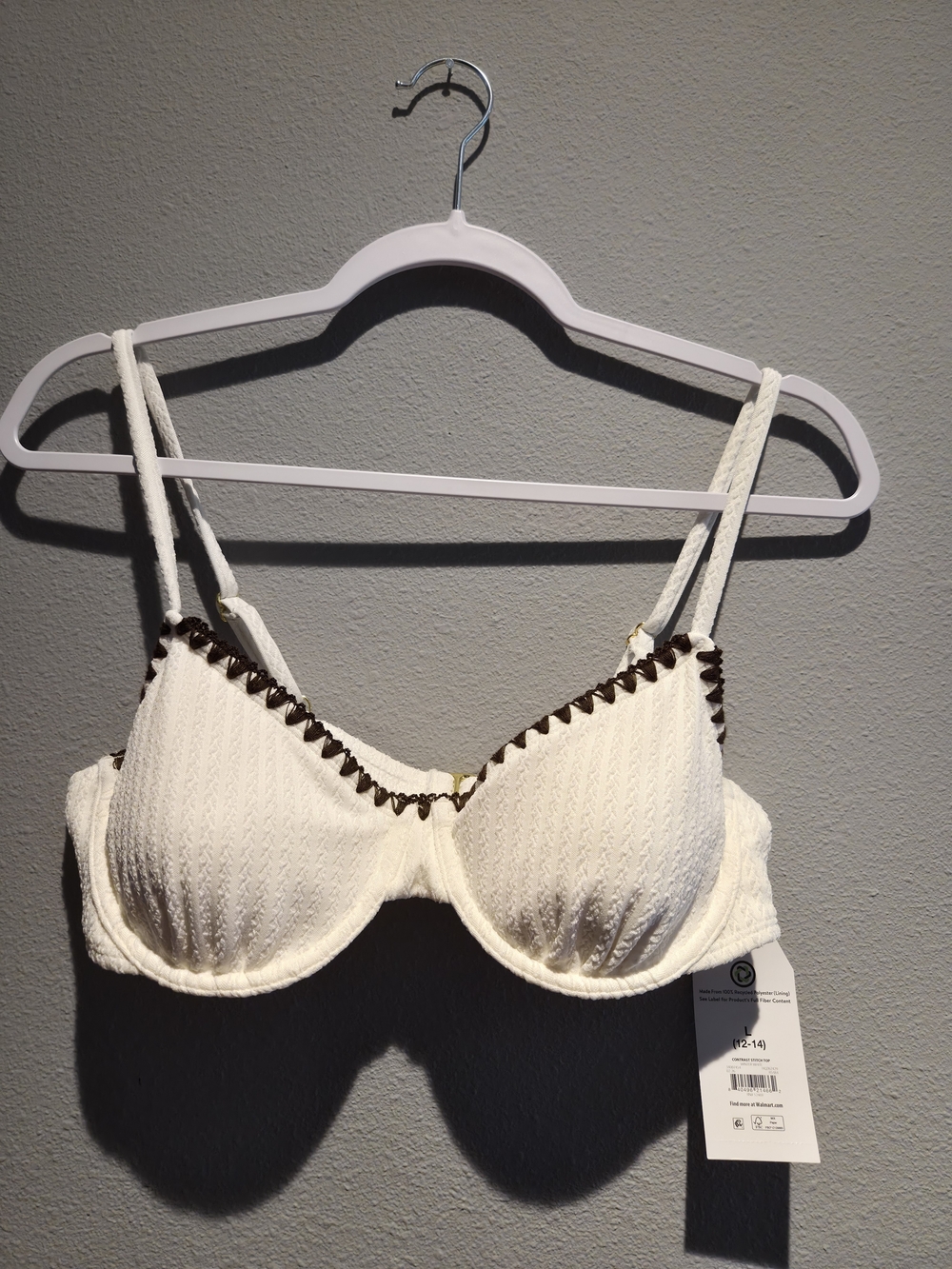 Time and Tru White Textured Bikini Top with Brown Trim